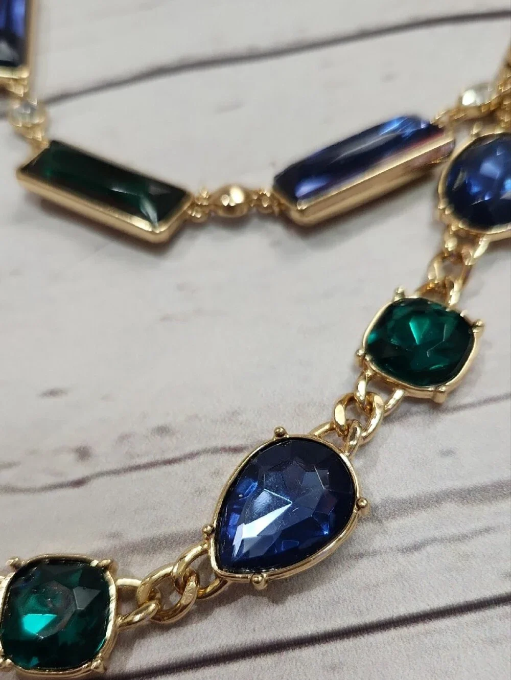Gold-Tone Blue & Green Gemstone Layered Necklace with Matching Earrings